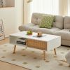 41.34" Rattan Coffee table, sliding door for storage, solid wood legs, Modern table for living room ,White