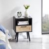 15.75" Rattan End table with drawer and solid wood legs, Modern nightstand, side table for living room, bedroom, black