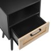 15.75" Rattan End table with drawer and solid wood legs, Modern nightstand, side table for living room, bedroom, black