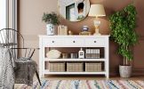 TREXM Retro Design Console Table with Two Open Shelves, Pine Solid Wood Frame and Legs for Living Room (Antique White)