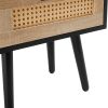 15.75" Rattan End table with drawer and solid wood legs, Modern nightstand, side table for living room, bedroom, black