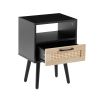 15.75" Rattan End table with drawer and solid wood legs, Modern nightstand, side table for living room, bedroom, black