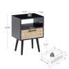 15.75" Rattan End table with drawer and solid wood legs, Modern nightstand, side table for living room, bedroom, black