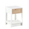 15.75" Rattan End table with drawer, Modern nightstand, side table for living room, bedroom,white