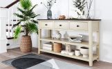 TREXM Retro Design Console Table with Two Open Shelves, Pine Solid Wood Frame and Legs for Living Room (Espresso+Beige)